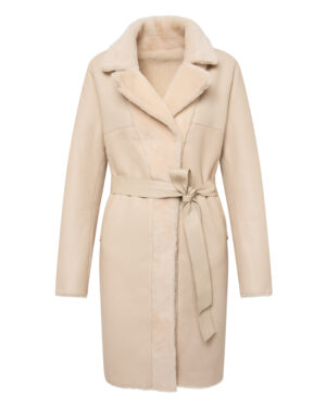 Beżowy kożuch damski z naturalnej skóry i futrem – elegancki kożuszek EMORIS