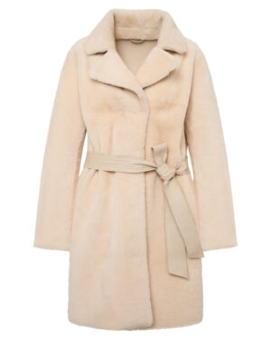 Beżowy kożuch damski z naturalnej skóry i futrem – elegancki kożuszek EMORIS