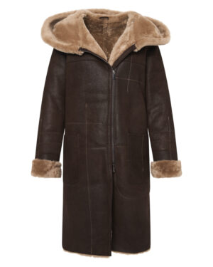 Brązowy kożuch damski z kapturem i jasnym futrem – kożuszek naturalny