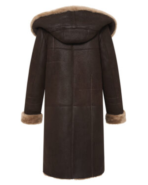 Brązowy kożuch damski z kapturem i jasnym futrem – kożuszek naturalny