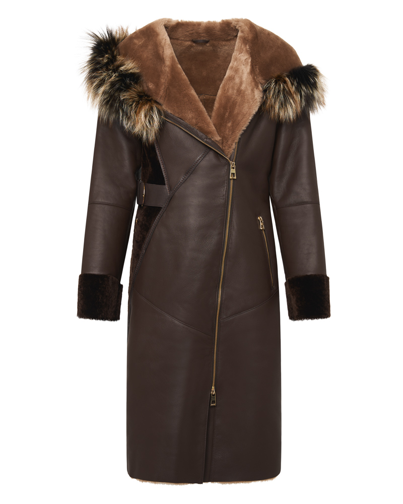 Brązowy kożuch damski z futrem i asymetrycznym zamkiem – kożuszek naturalny