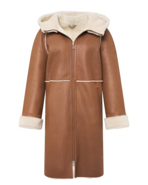 Brązowy kożuch damski z naturalnej skóry z kapturem i jasnym futrem