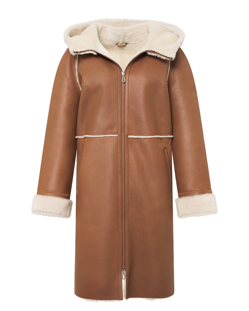 Brązowy kożuch damski z naturalnej skóry z kapturem i jasnym futrem