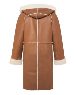 Brązowy kożuch damski z naturalnej skóry z kapturem i jasnym futrem