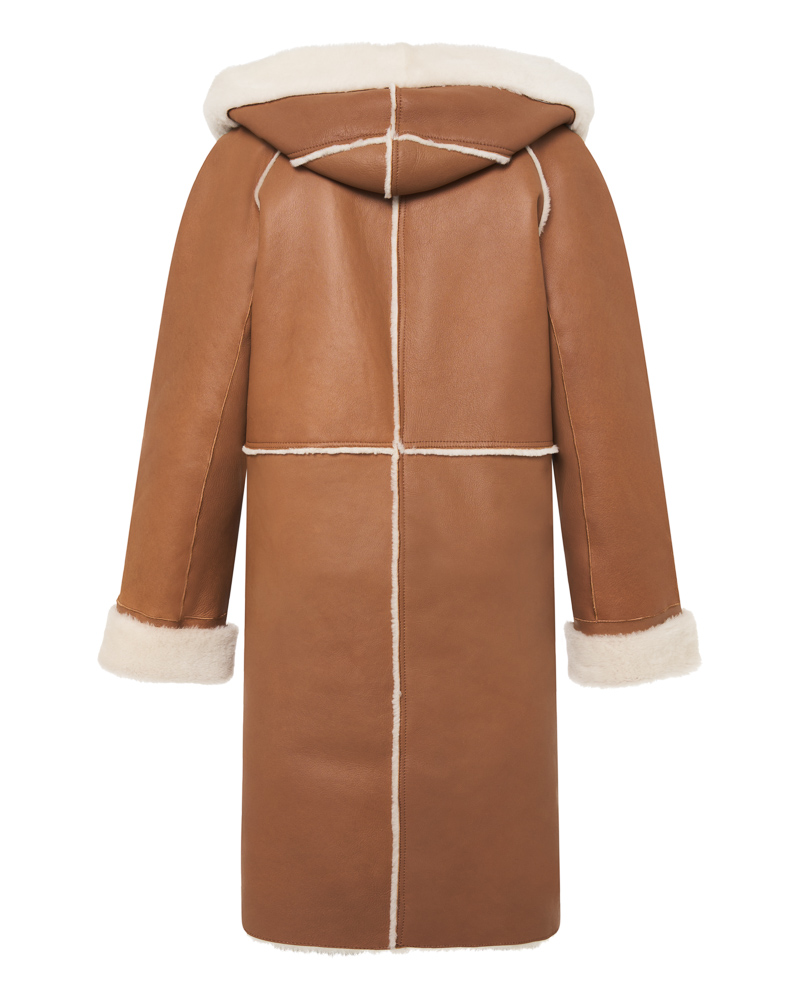 Brązowy kożuch damski z naturalnej skóry z kapturem i jasnym futrem