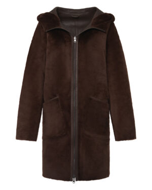 Brązowy kożuch damski z naturalnej skóry z kapturem i futrzanymi kieszeniami