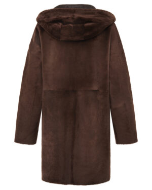 Brązowy kożuch damski z naturalnej skóry z kapturem i futrzanymi kieszeniami