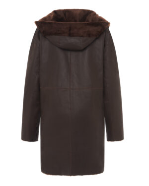 Brązowy kożuch damski z naturalnej skóry z kapturem i futrzanymi kieszeniami