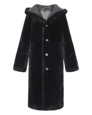 Czarny kożuch damski dwustronny z naturalnej skóry i futrem z kapturem