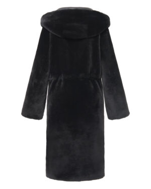 Czarny kożuch damski dwustronny z naturalnej skóry i futrem z kapturem