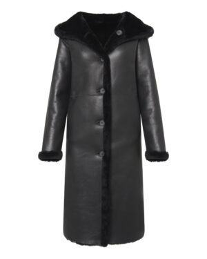 Czarny kożuch damski dwustronny z naturalnej skóry i futrem z kapturem