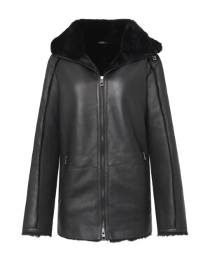 Czarny kożuch męski z naturalnej skóry z futrzanym kołnierzem i zamkiem