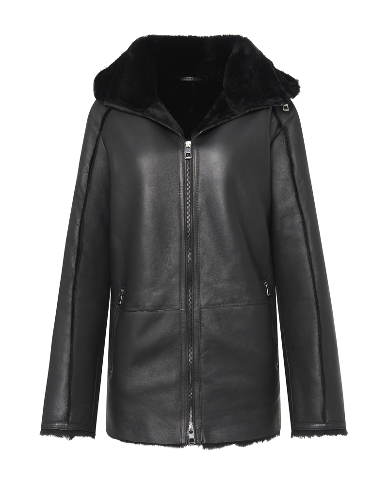 Czarny kożuch męski z naturalnej skóry z futrzanym kołnierzem i zamkiem