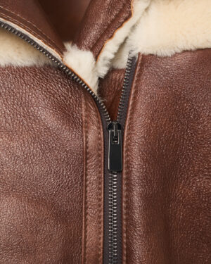 Brązowo-kremowy kożuch damski z naturalnej skóry i futrem – kożuszek EMORIS