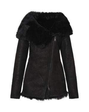 Czarny kożuch damski z naturalnej skóry i futrem – kożuszek EMORIS