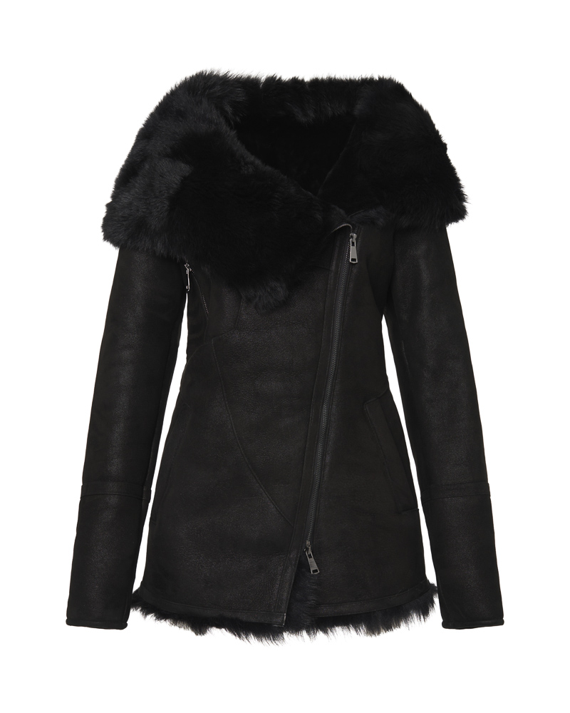 Czarny kożuch damski z naturalnej skóry i futrem – kożuszek EMORIS