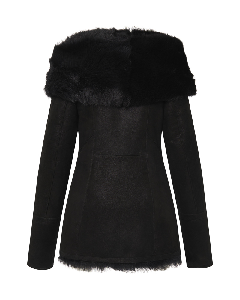 Czarny kożuch damski z naturalnej skóry i futrem – kożuszek EMORIS