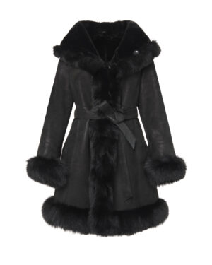 Czarny kożuch damski z futrem i paskiem – kożuszek naturalny