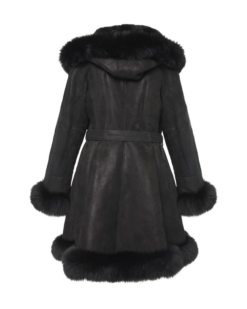 Czarny kożuch damski z futrem i paskiem – kożuszek naturalny