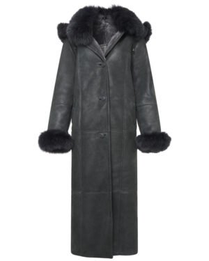 Damski kożuch z kapturem i futrzanym wykończeniem – długi kożuch naturalny EMORIS