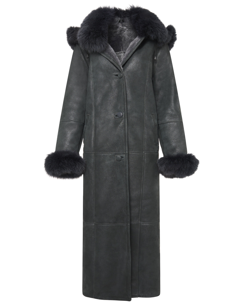 Damski kożuch z kapturem i futrzanym wykończeniem – długi kożuch naturalny EMORIS