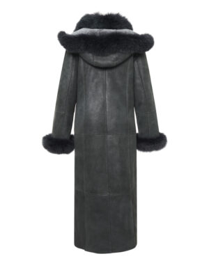 Damski kożuch z kapturem i futrzanym wykończeniem – długi kożuch naturalny EMORIS