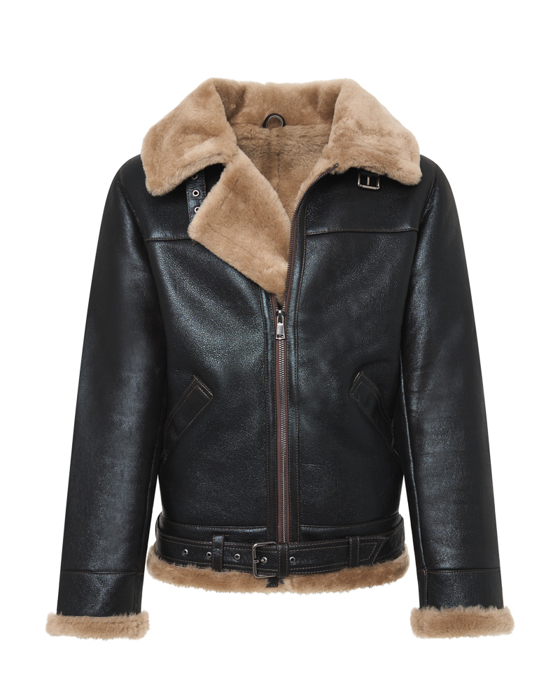 Czarny kożuch męski pilotka z naturalnej skóry z jasnym futrem