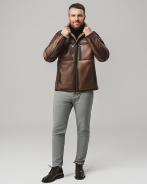 Brązowy kożuch męski dwustronny z naturalnej skóry i futrem