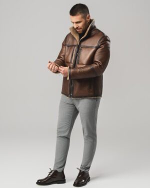 Brązowy kożuch męski dwustronny z naturalnej skóry i futrem