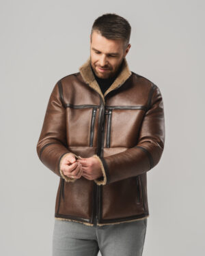 Brązowy kożuch męski dwustronny z naturalnej skóry i futrem