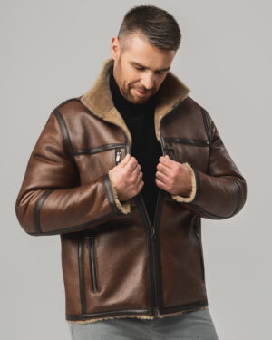 Brązowy kożuch męski dwustronny z naturalnej skóry i futrem