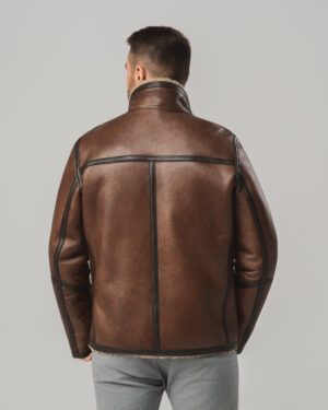 Brązowy kożuch męski dwustronny z naturalnej skóry i futrem