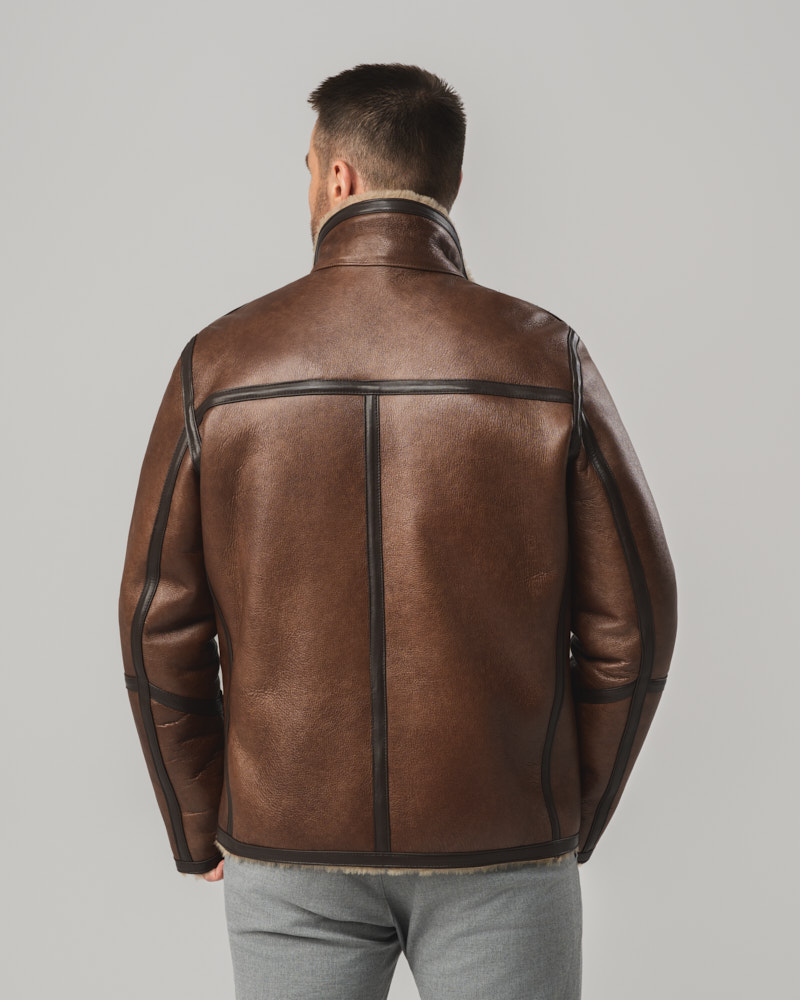 Brązowy kożuch męski dwustronny z naturalnej skóry i futrem