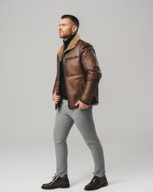 Brązowy kożuch męski dwustronny z naturalnej skóry i futrem