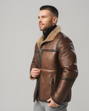 Brązowy kożuch męski dwustronny z naturalnej skóry i futrem