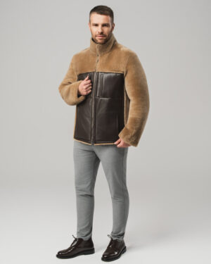 Brązowy kożuch męski dwustronny z naturalnej skóry i futrem