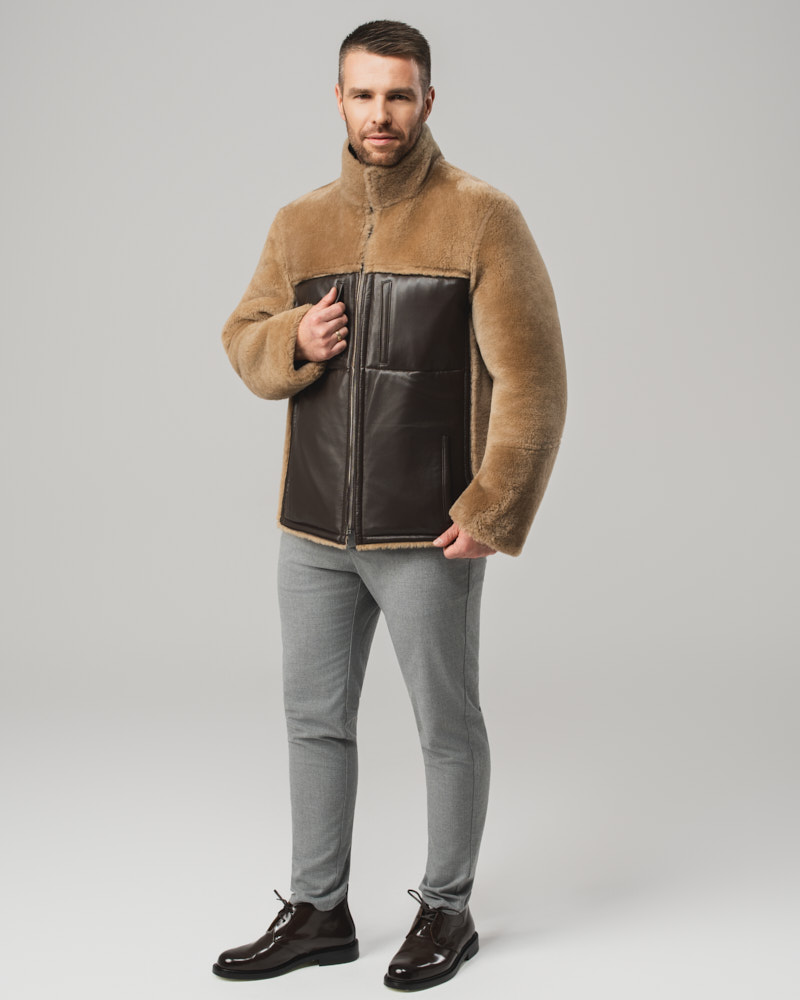 Brązowy kożuch męski dwustronny z naturalnej skóry i futrem