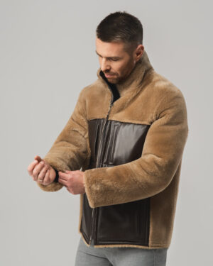 Brązowy kożuch męski dwustronny z naturalnej skóry i futrem