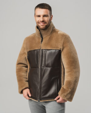 Brązowy kożuch męski dwustronny z naturalnej skóry i futrem