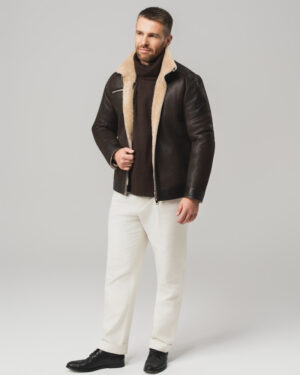 Brązowy kożuch męski z naturalnej skóry z jasnym futrem i zamkami