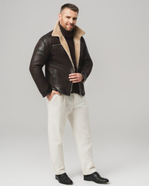 Brązowy kożuch męski z naturalnej skóry z jasnym futrem i zamkami