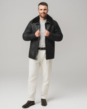 Czarny kożuch męski z naturalnej skóry z futrzanym kołnierzem