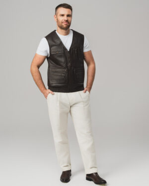 Brązowa skórzana kamizelka męska z kieszeniami i zamkiem