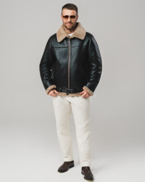 Czarny kożuch męski pilotka z naturalnej skóry z jasnym futrem