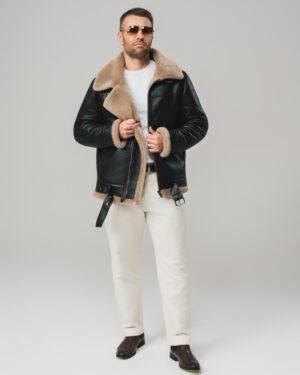 Czarny kożuch męski pilotka z naturalnej skóry z jasnym futrem