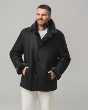 Czarny kożuch męski z naturalnej skóry z kołnierzem z futra