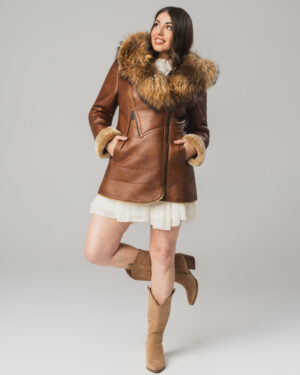 Brązowy kożuch damski z naturalnej skóry i futrem – kożuszek EMORIS