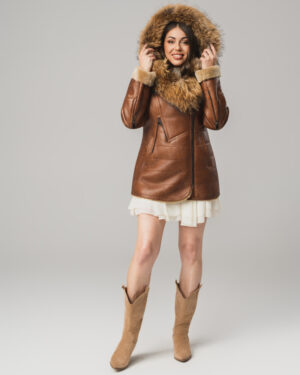 Brązowy kożuch damski z naturalnej skóry i futrem – kożuszek EMORIS