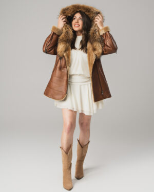 Brązowy kożuch damski z naturalnej skóry i futrem – kożuszek EMORIS