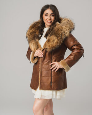 Brązowy kożuch damski z naturalnej skóry i futrem – kożuszek EMORIS